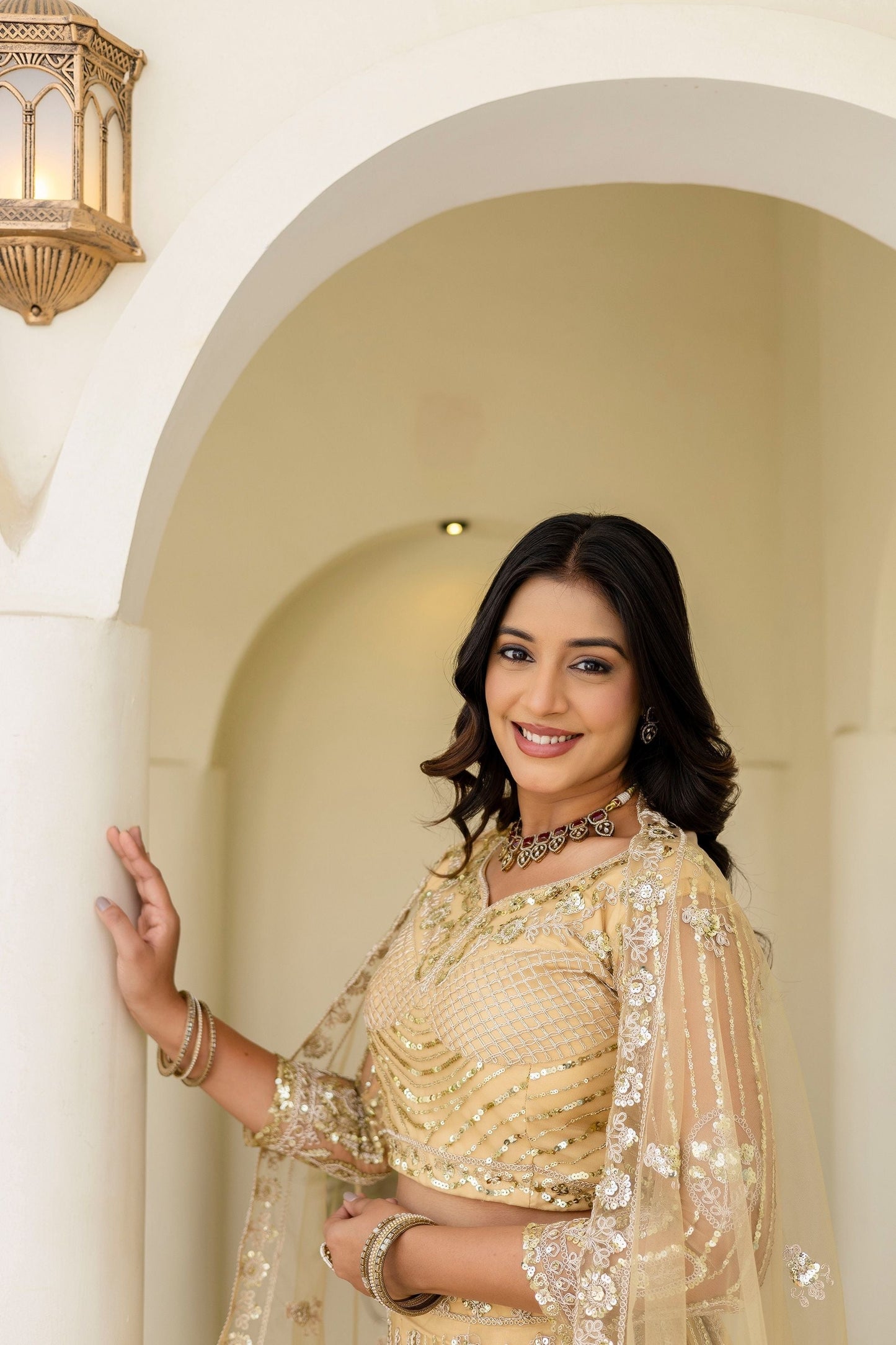 Stunning Cream Butterfly Net Sequence And Embroidery Designer Sangeet Wear Lehenga Choli