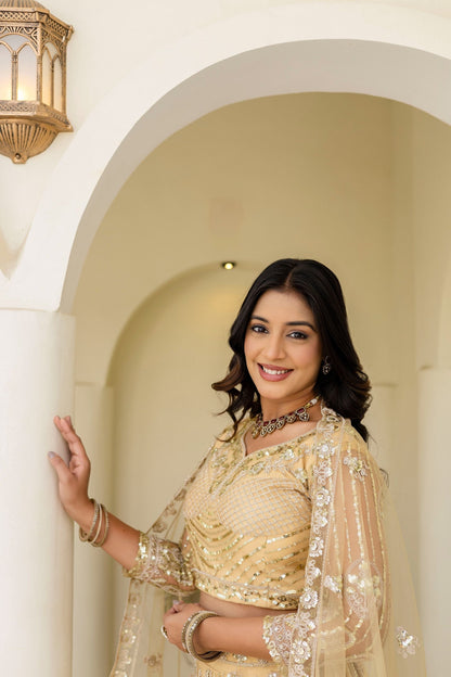 Stunning Cream Butterfly Net Sequence And Embroidery Designer Sangeet Wear Lehenga Choli