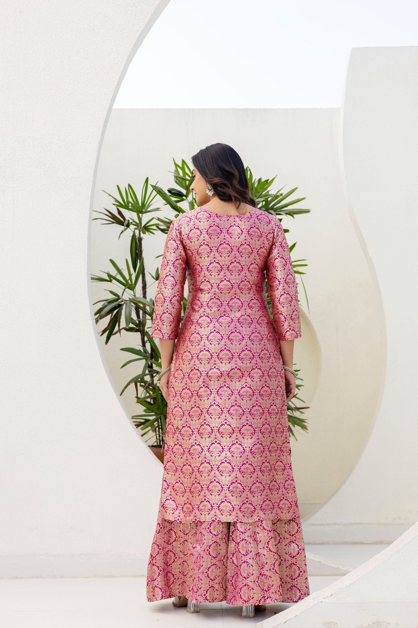 Elegated Stylish Viscose Jecard Traditional Wear Pink kurta Paired With Plazzo Contrast Dupatta Set