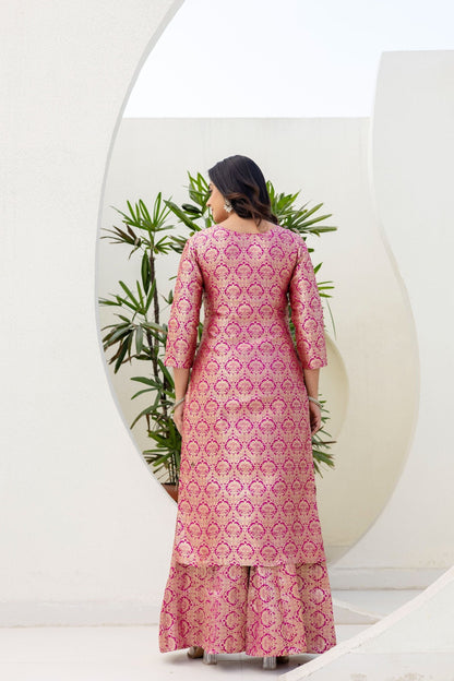 Elegated Stylish Viscose Jecard Traditional Wear Pink kurta Paired With Plazzo Contrast Dupatta Set