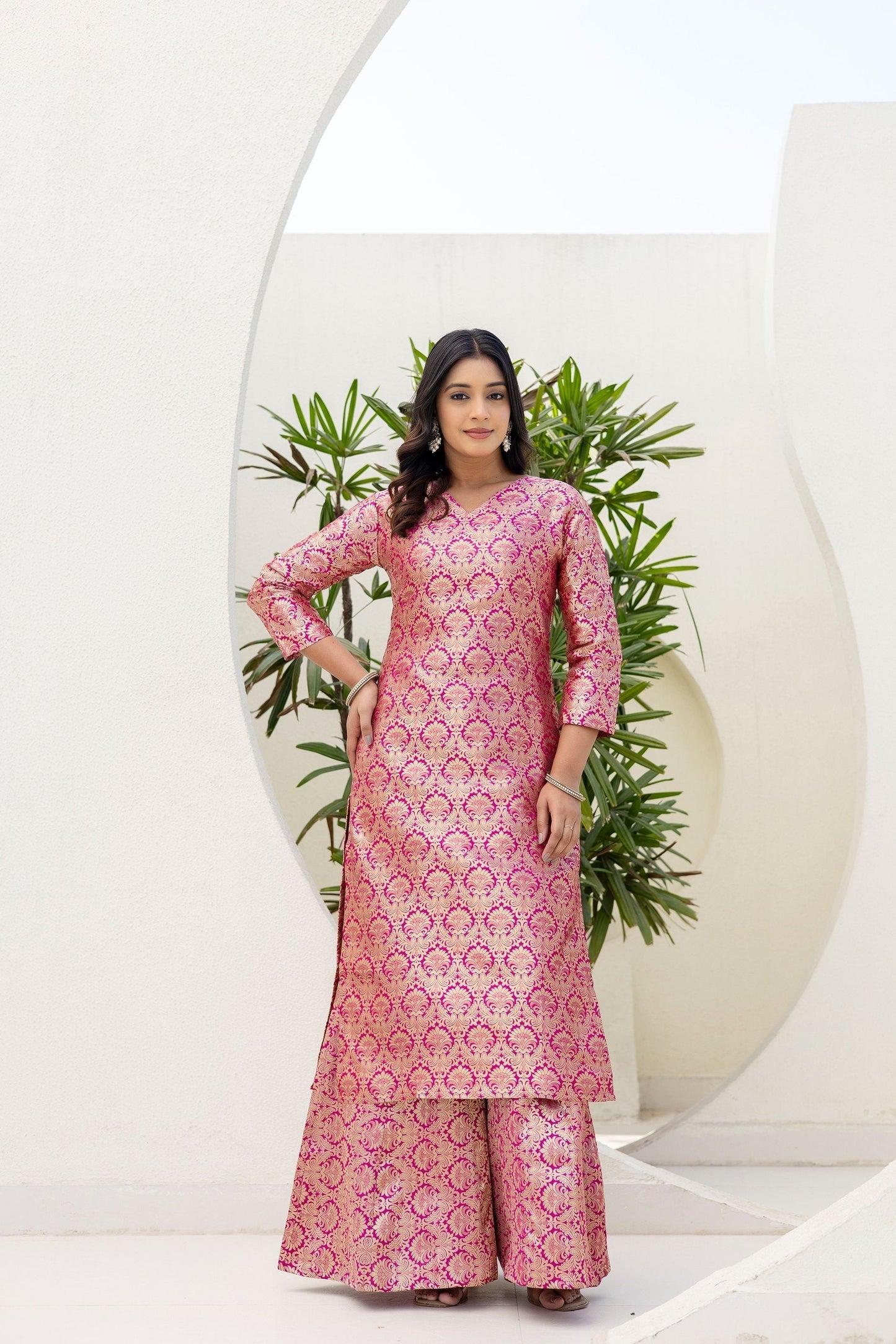 Elegated Stylish Viscose Jecard Traditional Wear Pink kurta Paired With Plazzo Contrast Dupatta Set