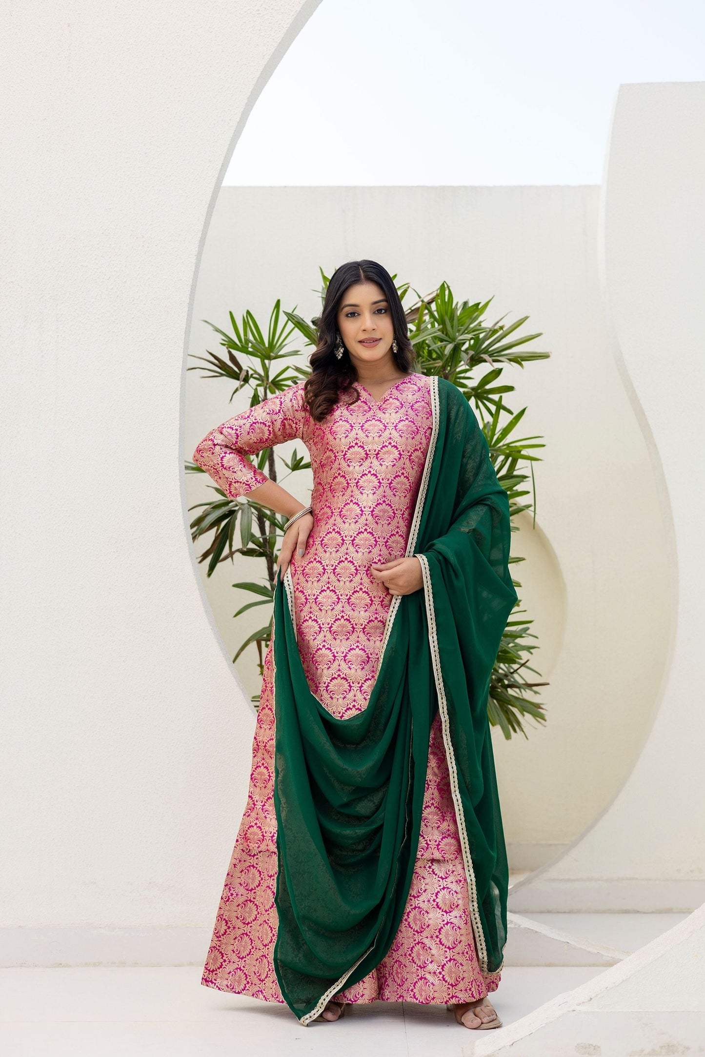 Elegated Stylish Viscose Jecard Traditional Wear Pink kurta Paired With Plazzo Contrast Dupatta Set