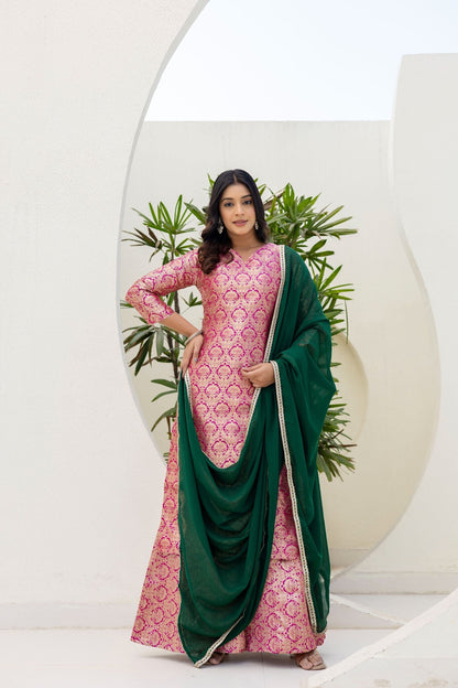 Elegated Stylish Viscose Jecard Traditional Wear Pink kurta Paired With Plazzo Contrast Dupatta Set