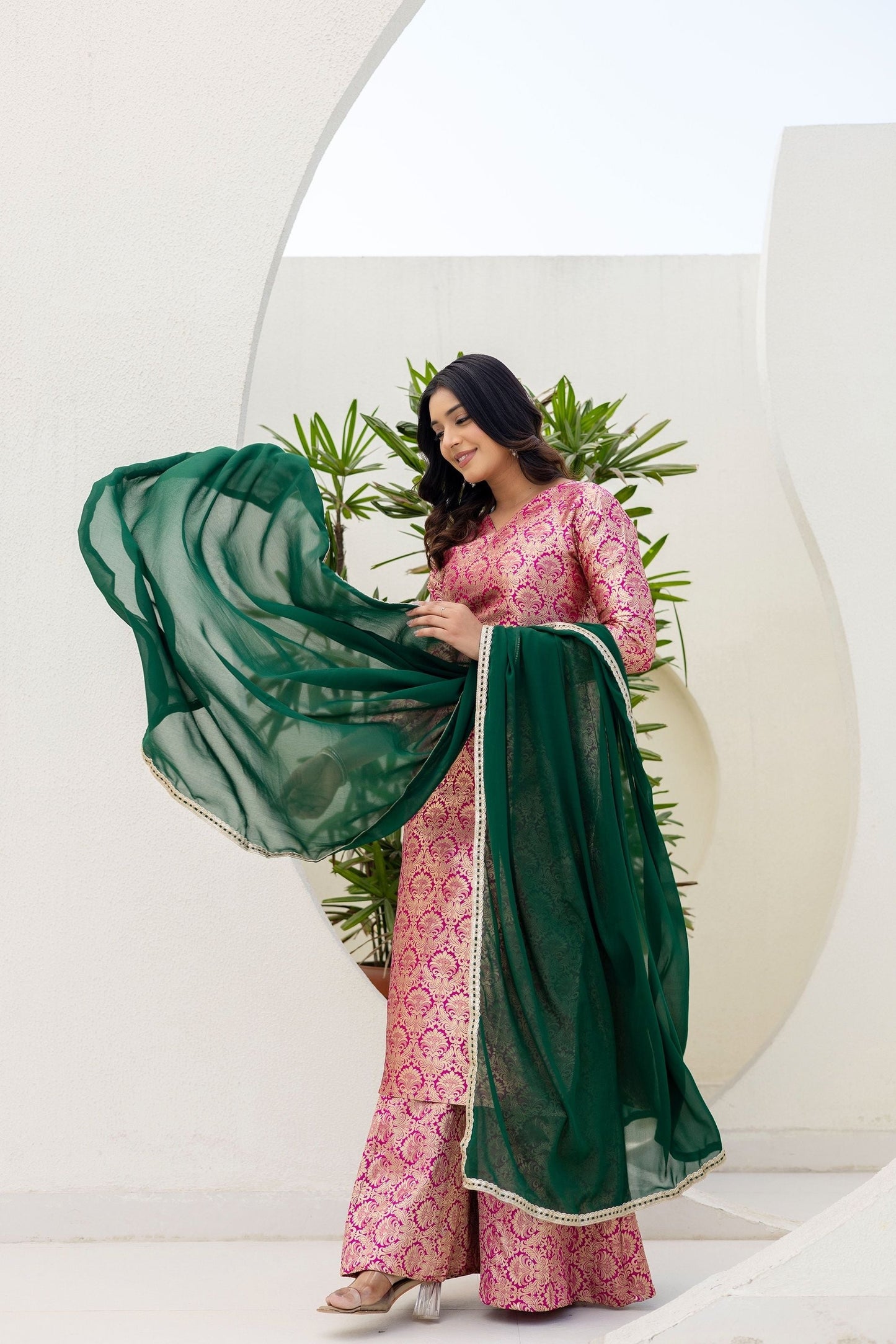 Elegated Stylish Viscose Jecard Traditional Wear Pink kurta Paired With Plazzo Contrast Dupatta Set