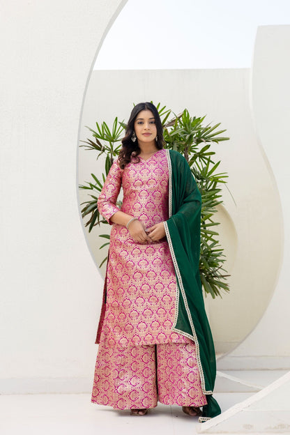 Elegated Stylish Viscose Jecard Traditional Wear Pink kurta Paired With Plazzo Contrast Dupatta Set