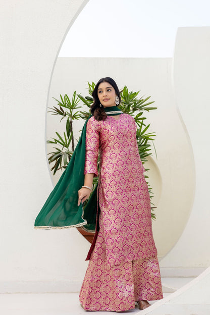 Elegated Stylish Viscose Jecard Traditional Wear Pink kurta Paired With Plazzo Contrast Dupatta Set