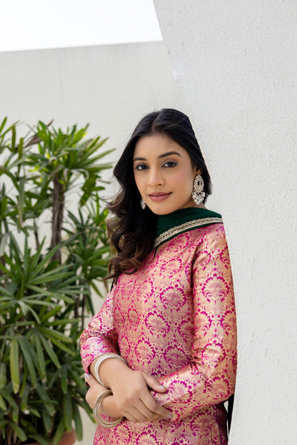 Elegated Stylish Viscose Jecard Traditional Wear Pink kurta Paired With Plazzo Contrast Dupatta Set