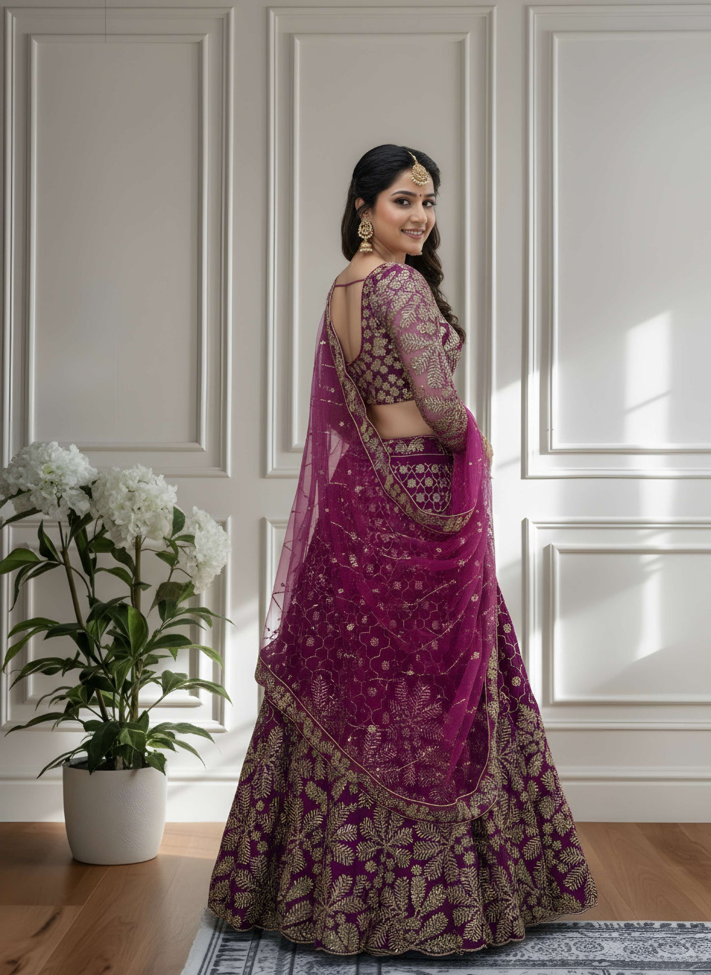 Stunning Purple Butterfly Net Golden Embroidery Bridal Wear Lehenga Choli With Dupatta