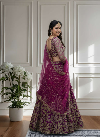 Stunning Purple Butterfly Net Golden Embroidery Bridal Wear Lehenga Choli With Dupatta