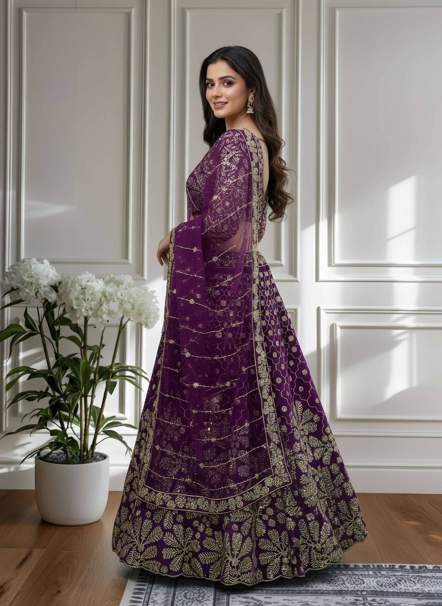 Crazy Wine Butterfly Net Golden Embroidery Bridal Wear Lehenga Choli With Dupatta