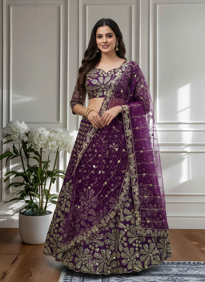 Crazy Wine Butterfly Net Golden Embroidery Bridal Wear Lehenga Choli With Dupatta