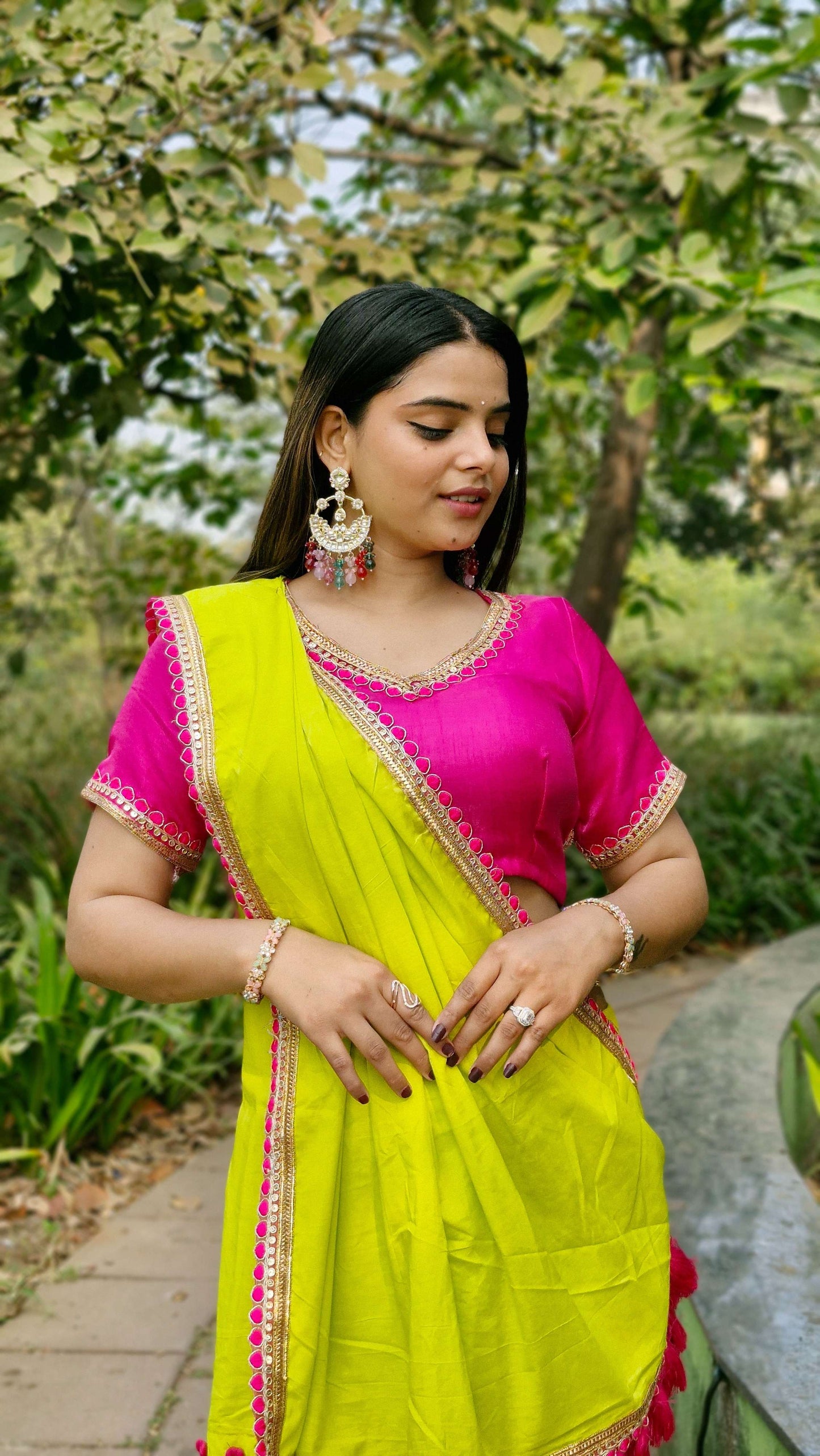 Eye Catching Neon Green Flaxi Cotton Embroidery Festive Wear Saree With Magenta Tassel & Blouse