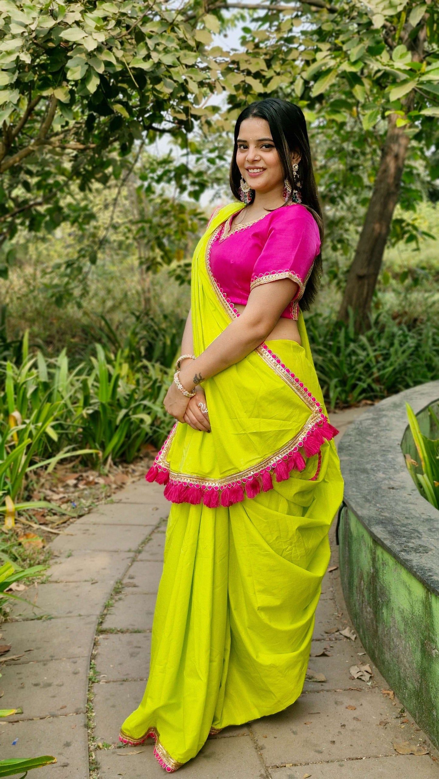 Eye Catching Neon Green Flaxi Cotton Embroidery Festive Wear Saree With Magenta Tassel & Blouse