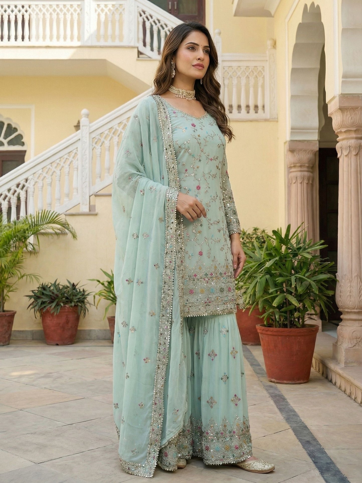 Adorable Mint Green Georgette Thread Embroidered Designer Festive Wear Salwar Suit