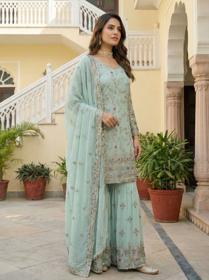 Adorable Mint Green Georgette Thread Embroidered Designer Festive Wear Salwar Suit