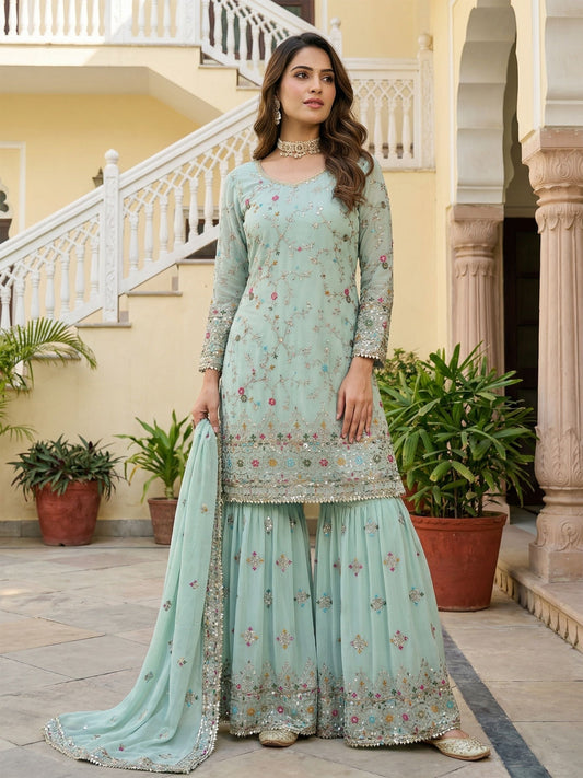 Adorable Mint Green Georgette Thread Embroidered Designer Festive Wear Salwar Suit