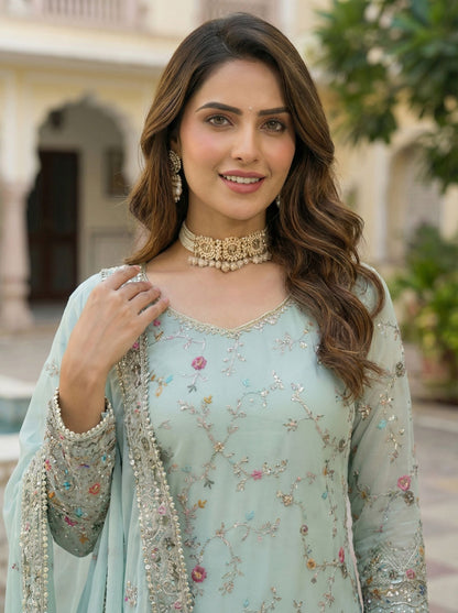 Adorable Mint Green Georgette Thread Embroidered Designer Festive Wear Salwar Suit
