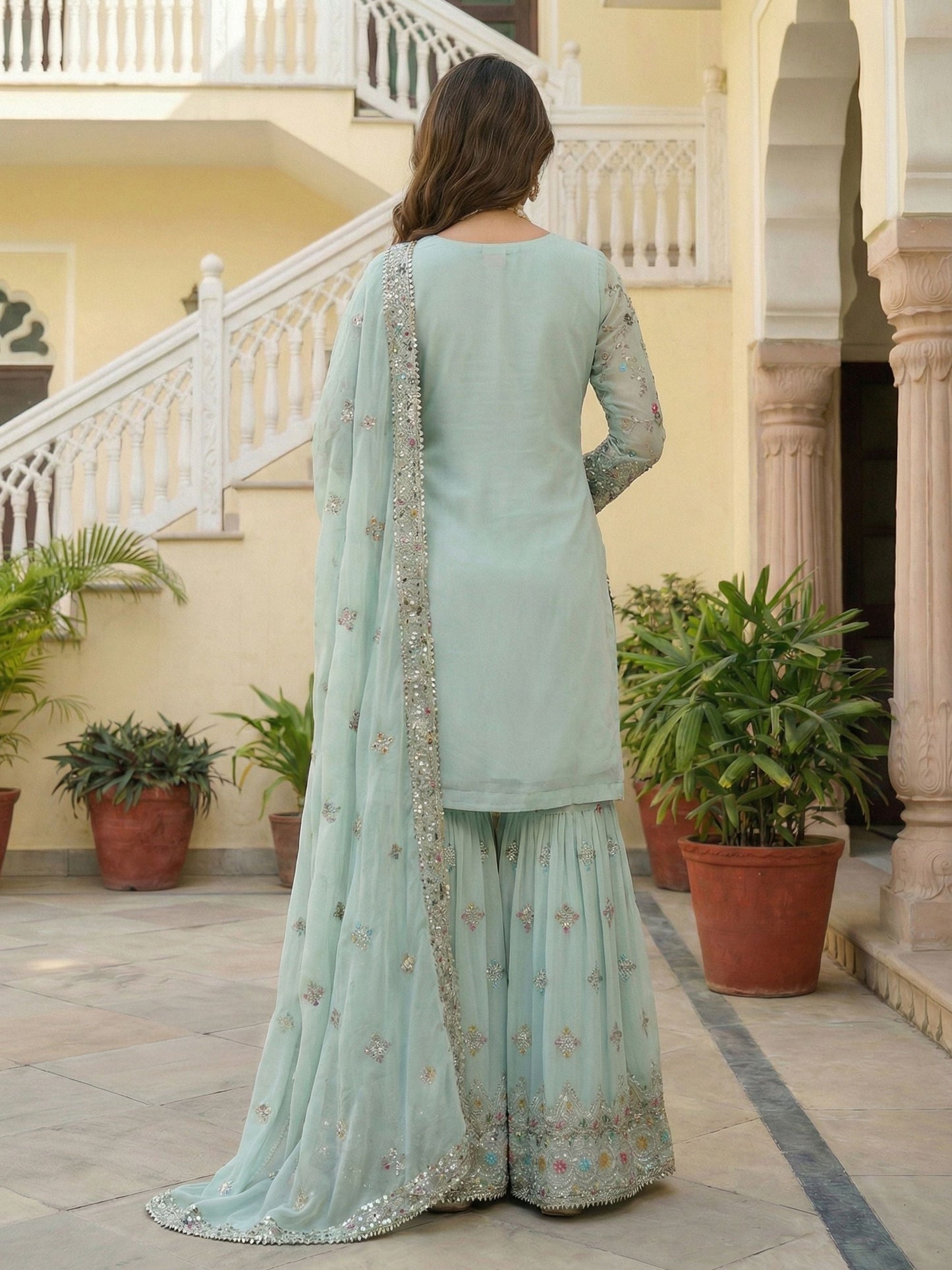 Adorable Mint Green Georgette Thread Embroidered Designer Festive Wear Salwar Suit
