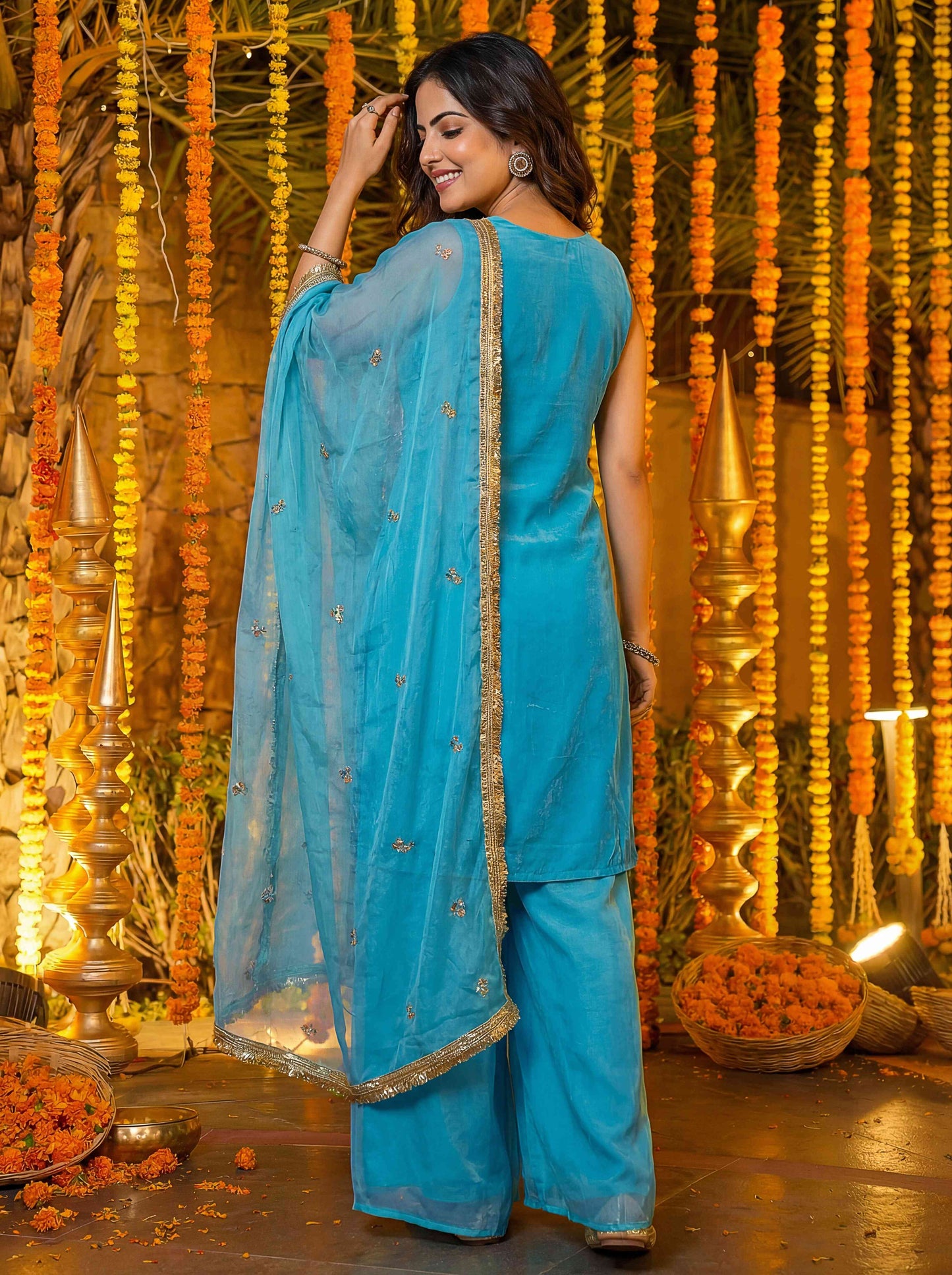 Charming Sky Blue Fandy Silk Bids Embroidered Sequence Designer Wedding Guest Wear Salwar Suit