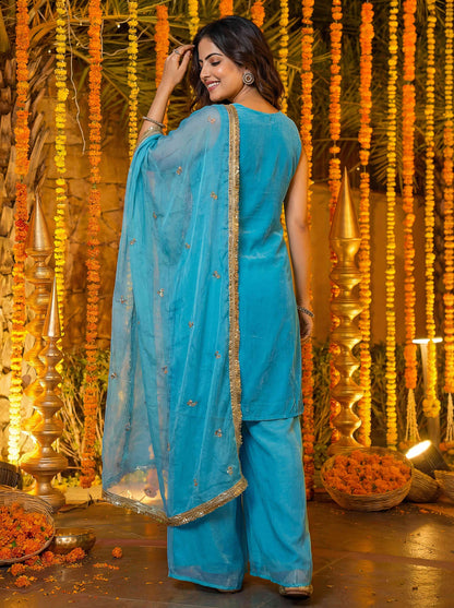Charming Sky Blue Fandy Silk Bids Embroidered Sequence Designer Wedding Guest Wear Salwar Suit