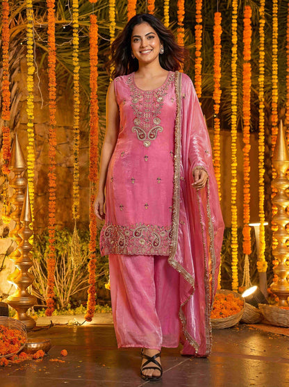 Fablous Blush Pink Fandy Silk Bids Embroidered Sequence Designer Wedding Guest Wear Salwar Suit