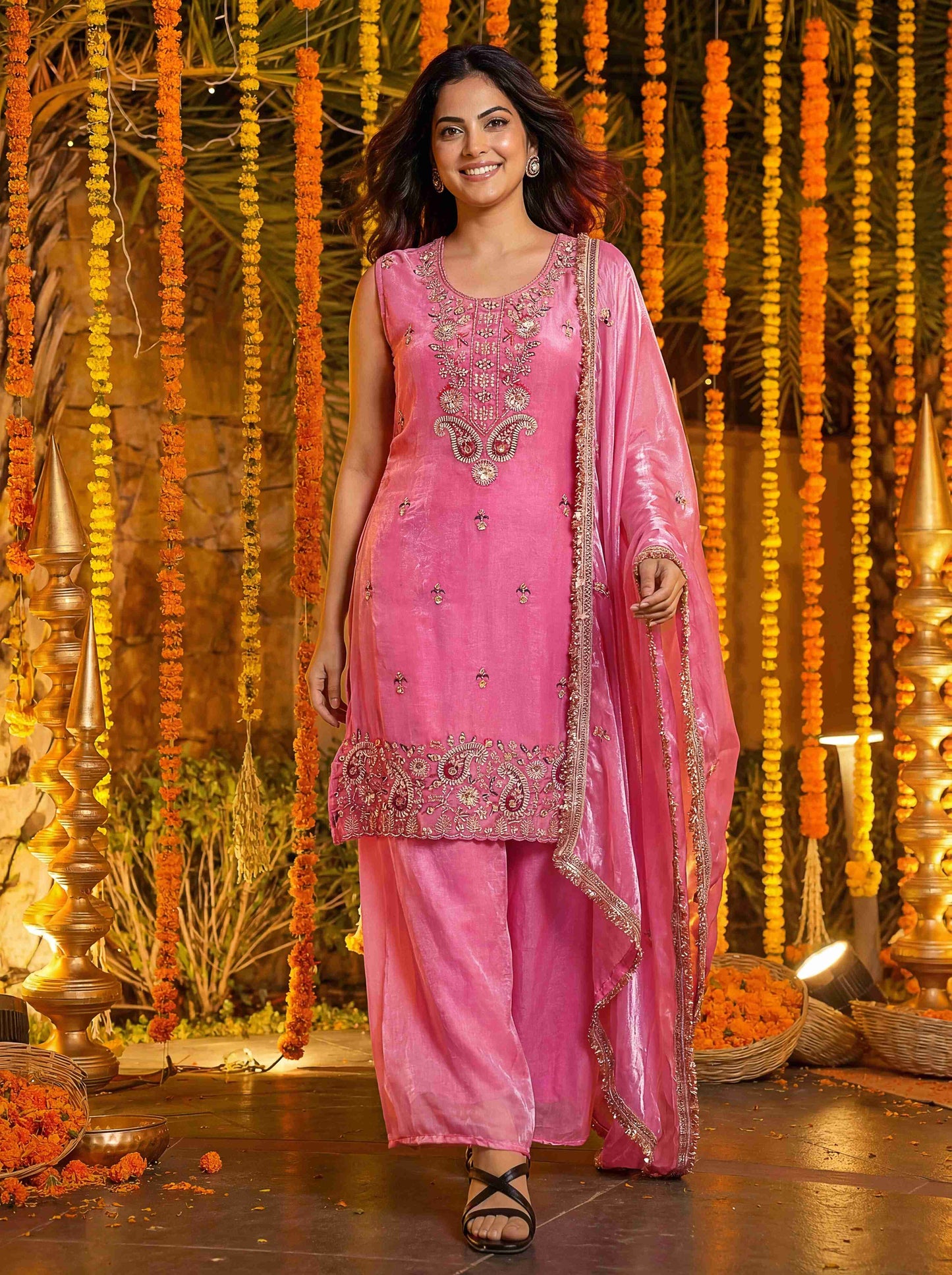 Fablous Blush Pink Fandy Silk Bids Embroidered Sequence Designer Wedding Guest Wear Salwar Suit