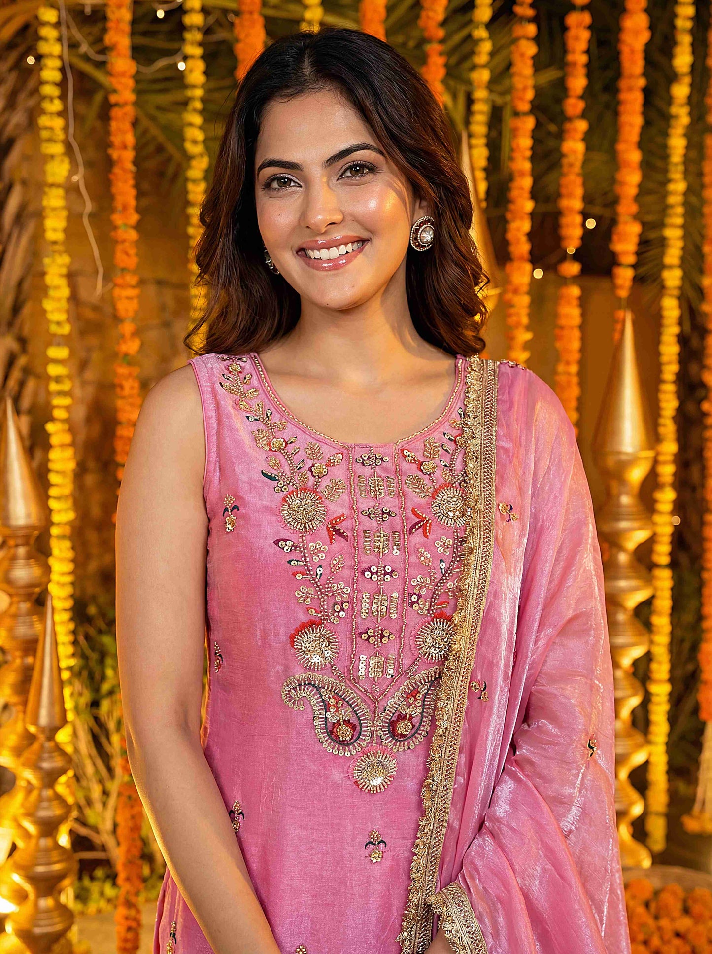 Fablous Blush Pink Fandy Silk Bids Embroidered Sequence Designer Wedding Guest Wear Salwar Suit