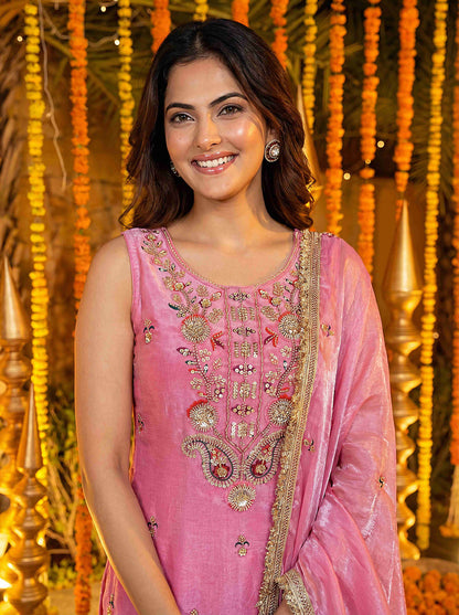 Fablous Blush Pink Fandy Silk Bids Embroidered Sequence Designer Wedding Guest Wear Salwar Suit