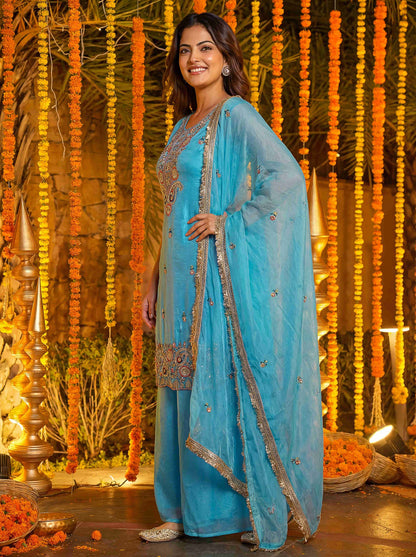 Charming Sky Blue Fandy Silk Bids Embroidered Sequence Designer Wedding Guest Wear Salwar Suit