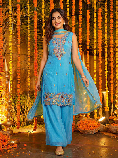 Charming Sky Blue Fandy Silk Bids Embroidered Sequence Designer Wedding Guest Wear Salwar Suit