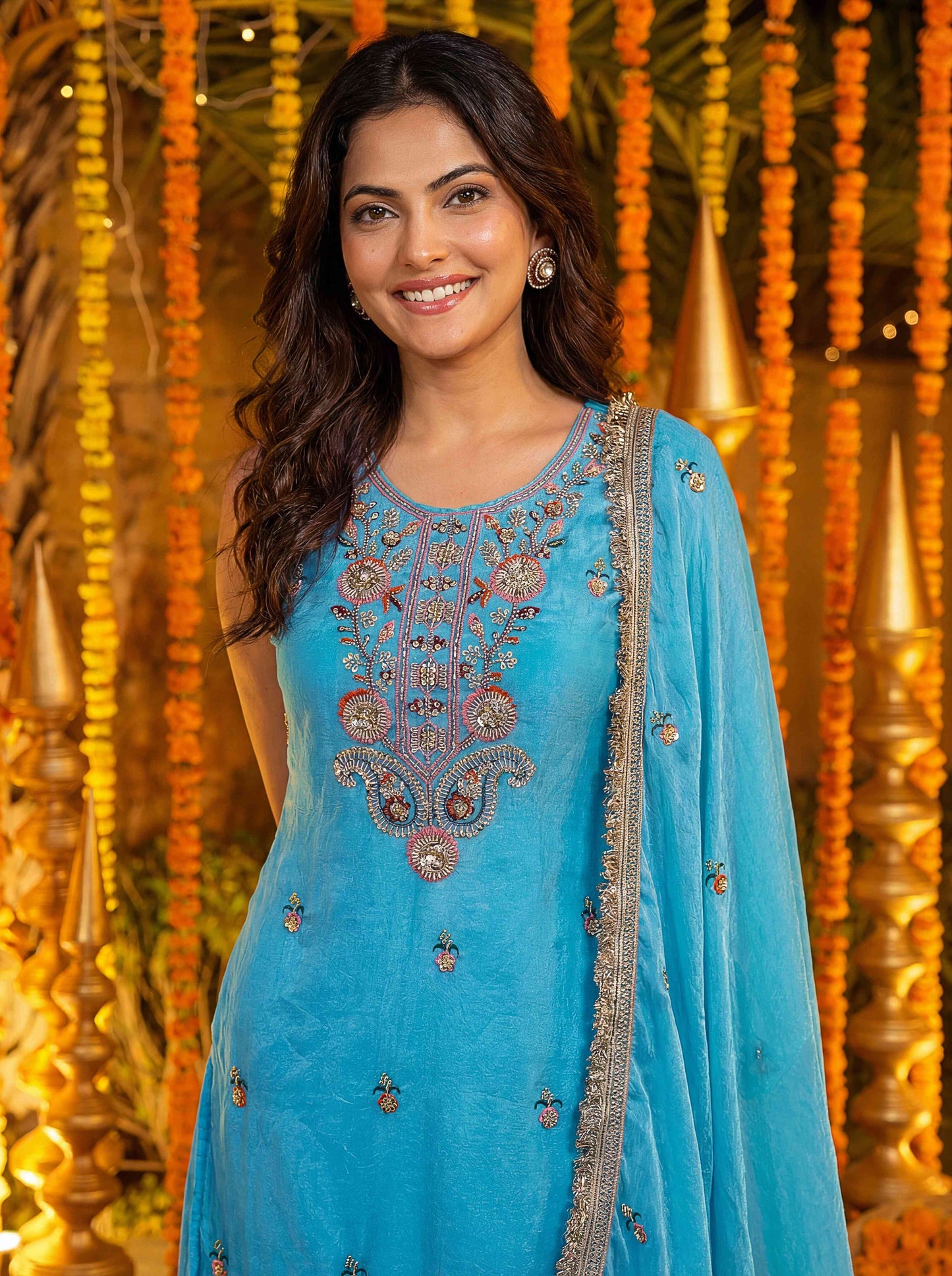 Charming Sky Blue Fandy Silk Bids Embroidered Sequence Designer Wedding Guest Wear Salwar Suit