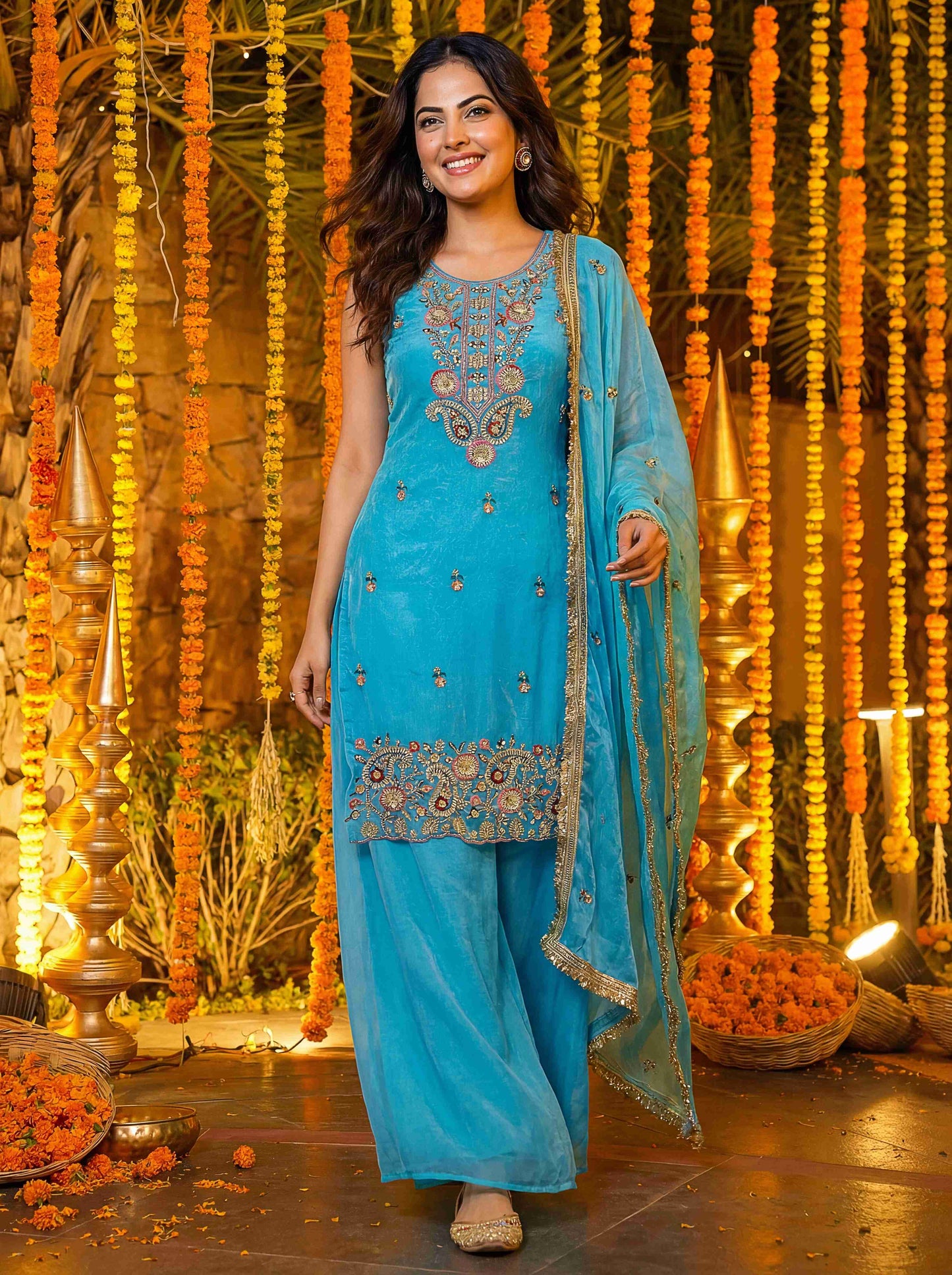 Charming Sky Blue Fandy Silk Bids Embroidered Sequence Designer Wedding Guest Wear Salwar Suit