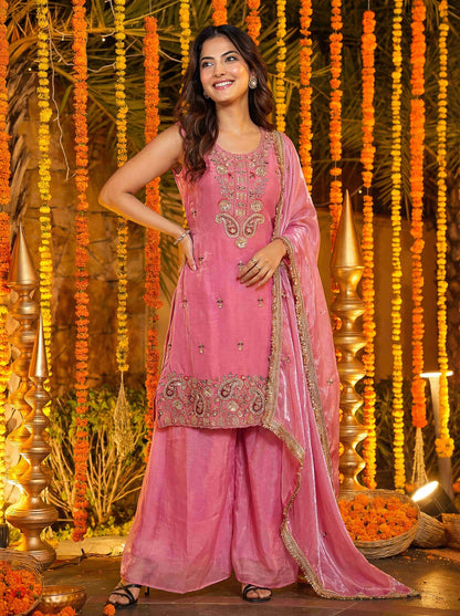 Fablous Blush Pink Fandy Silk Bids Embroidered Sequence Designer Wedding Guest Wear Salwar Suit