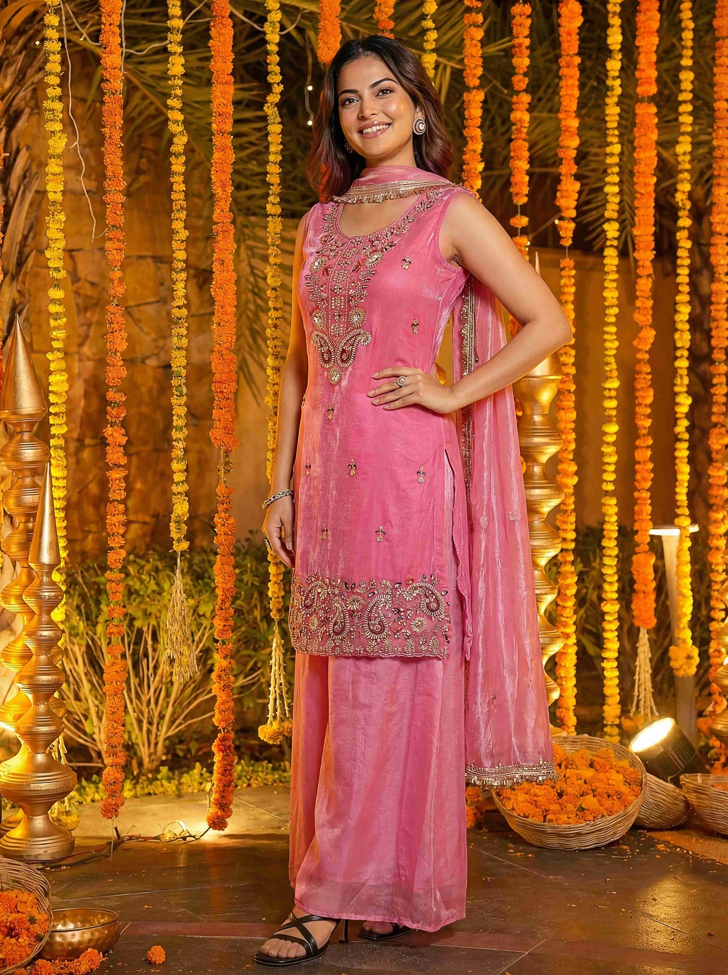 Fablous Blush Pink Fandy Silk Bids Embroidered Sequence Designer Wedding Guest Wear Salwar Suit