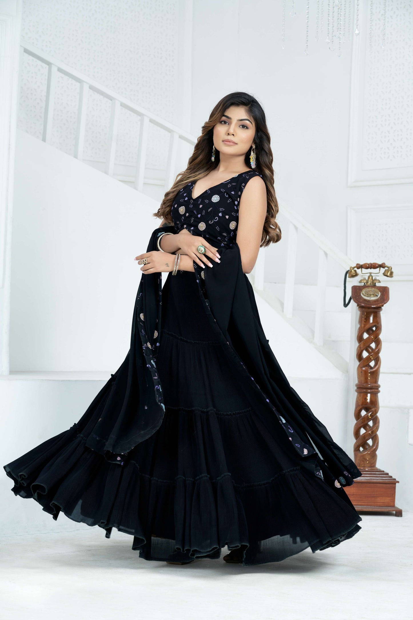 Elevate  Black Zikzak Patterned Embroidery Sequence Ethnic Wear Lehenga Set