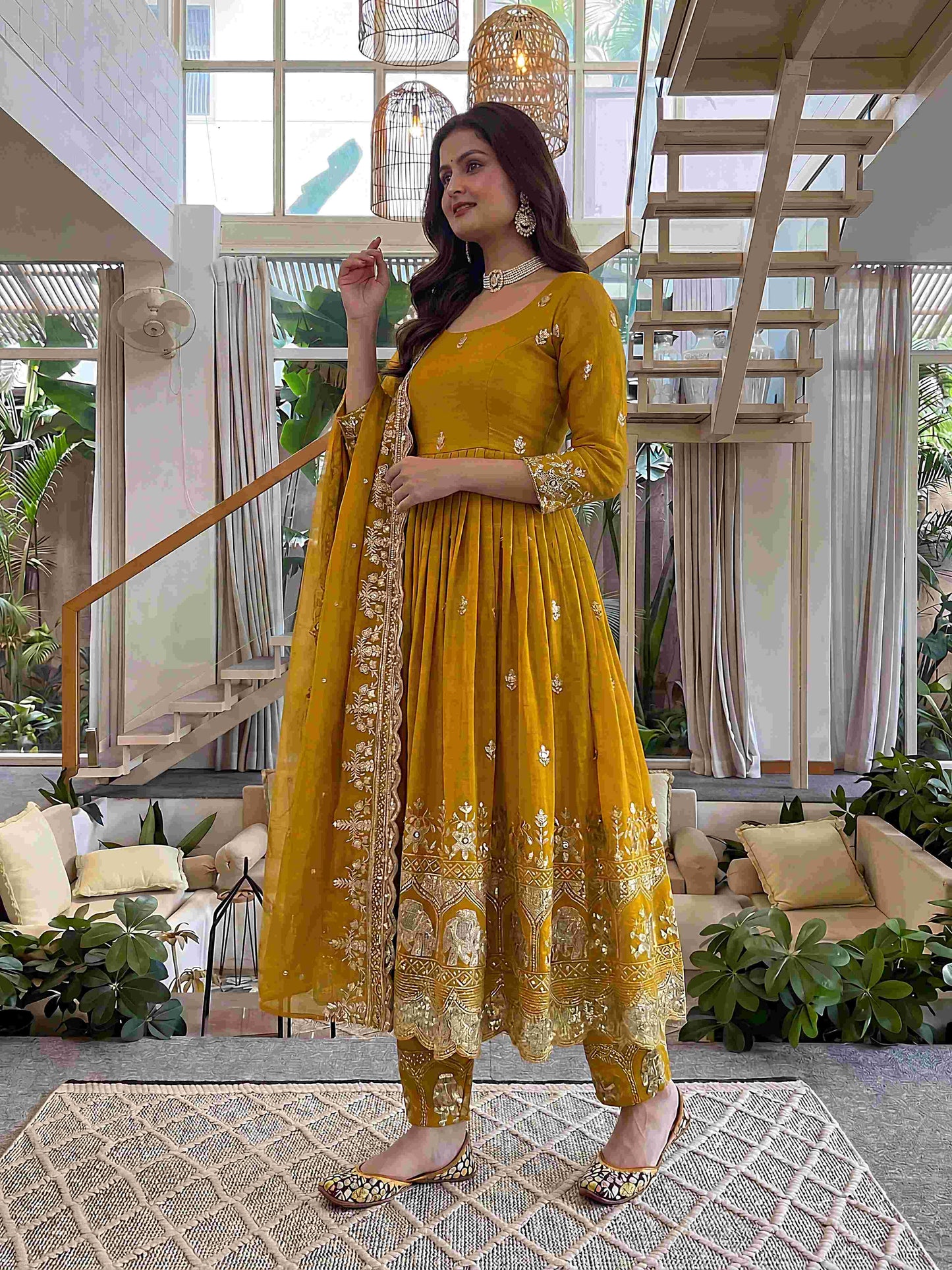 "Regal Mustard Embroidered Anarkali Gown Set with Dupatta"