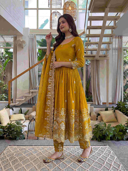 "Regal Mustard Embroidered Anarkali Gown Set with Dupatta"