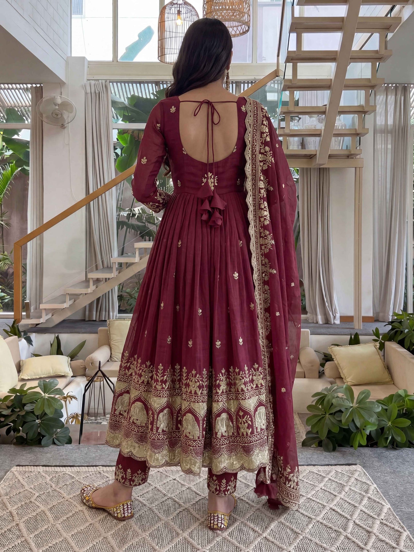 Rich Maroon Embroidered Anarkali Gown Set with Dupatta