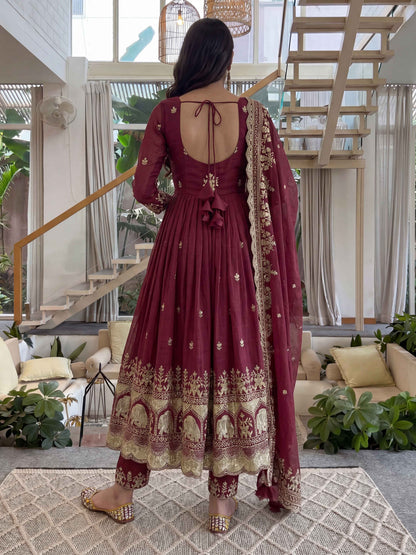 Rich Maroon Embroidered Anarkali Gown Set with Dupatta