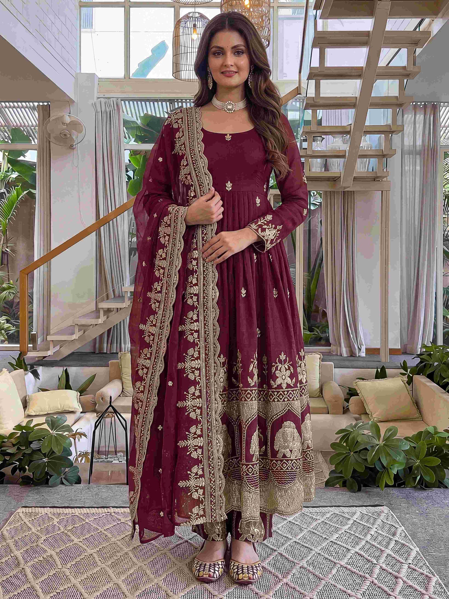 Rich Maroon Embroidered Anarkali Gown Set with Dupatta
