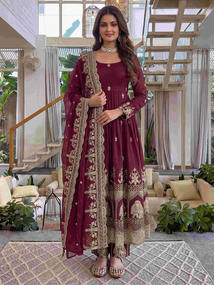 Rich Maroon Embroidered Anarkali Gown Set with Dupatta
