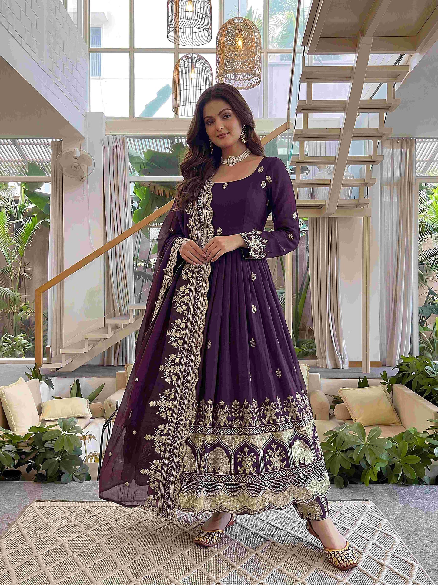 Elegant Plum Purple Embroidered Anarkali Gown Set with Dupatta