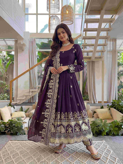 Elegant Plum Purple Embroidered Anarkali Gown Set with Dupatta