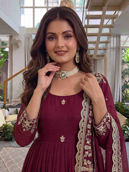 Rich Maroon Embroidered Anarkali Gown Set with Dupatta
