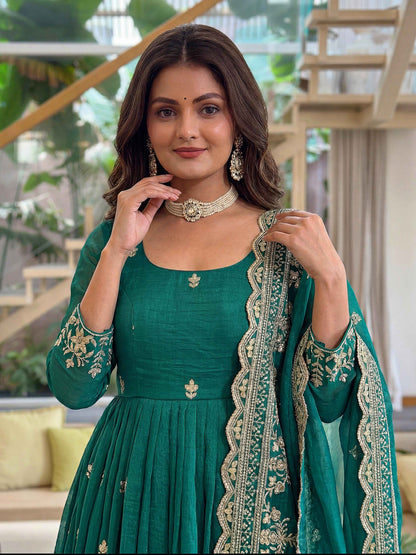 Elegant Teal Embroidered Anarkali Gown Set with Dupatta