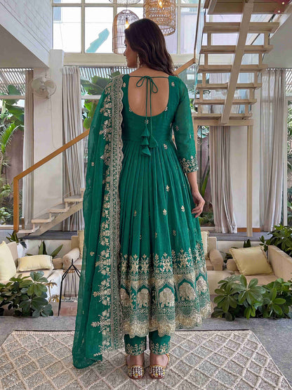 Elegant Teal Embroidered Anarkali Gown Set with Dupatta
