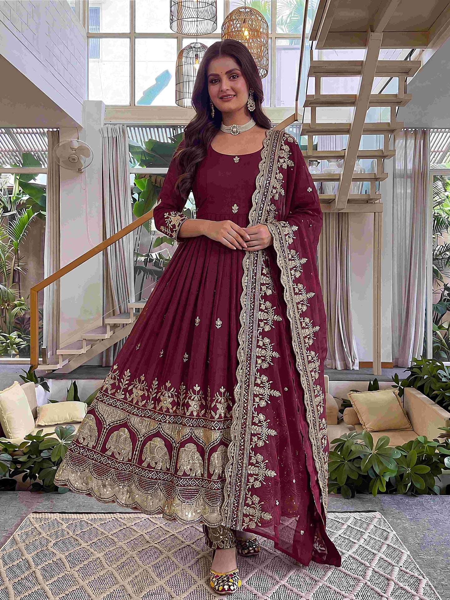 Rich Maroon Embroidered Anarkali Gown Set with Dupatta