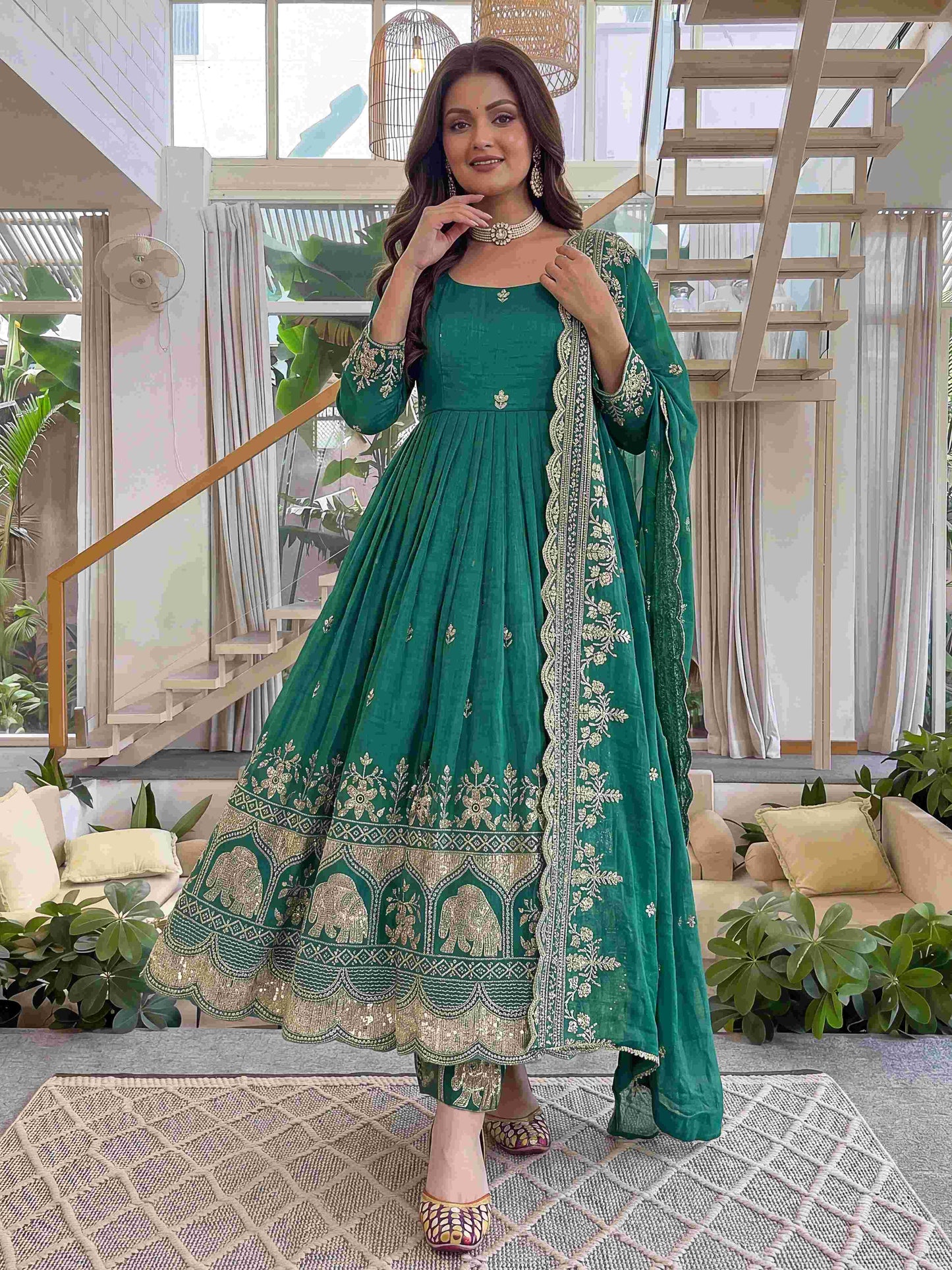 Elegant Teal Embroidered Anarkali Gown Set with Dupatta
