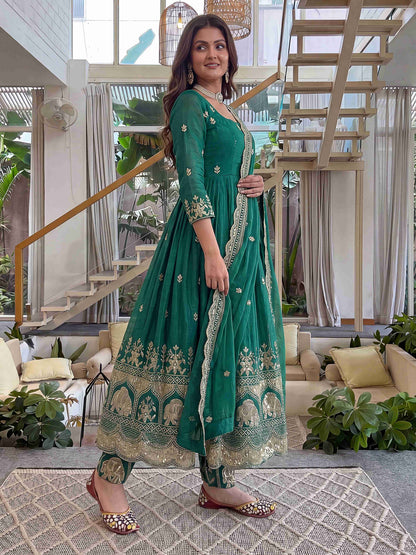 Elegant Teal Embroidered Anarkali Gown Set with Dupatta