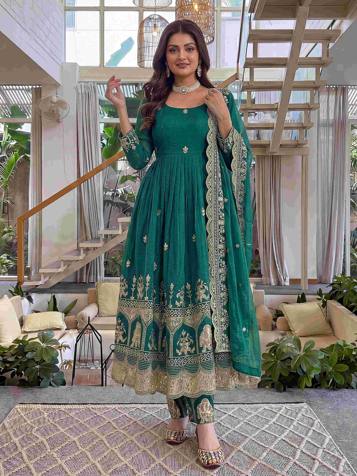 Elegant Teal Embroidered Anarkali Gown Set with Dupatta